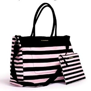 NWOT VICTORIAS SECRET WEEKEND TRAVEL TOTE BAG & COSMETICS BAG PINK STRIPE